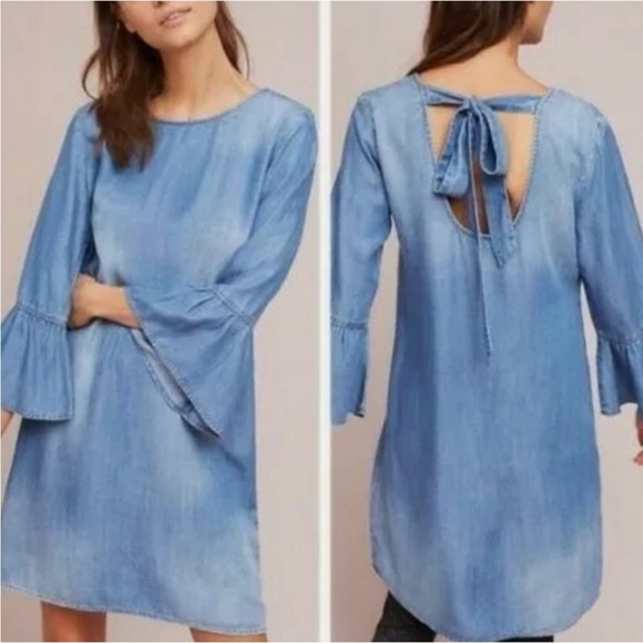 Anthropologie Cloth & Stone Blue Chambray Dress Tie Back Bell Sleeve Sz Small - Picture 1 of 10